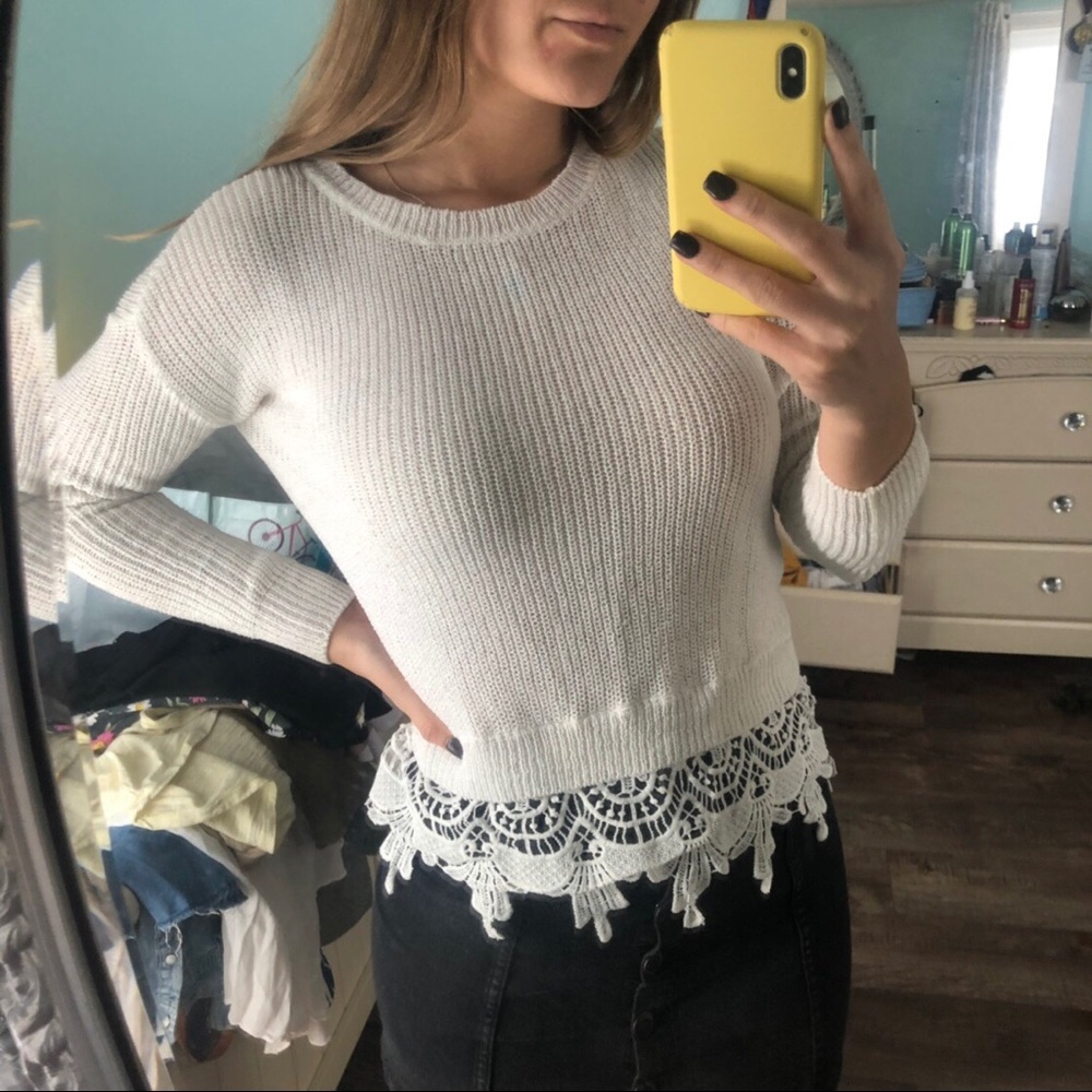 White Sweater with Lace Detail